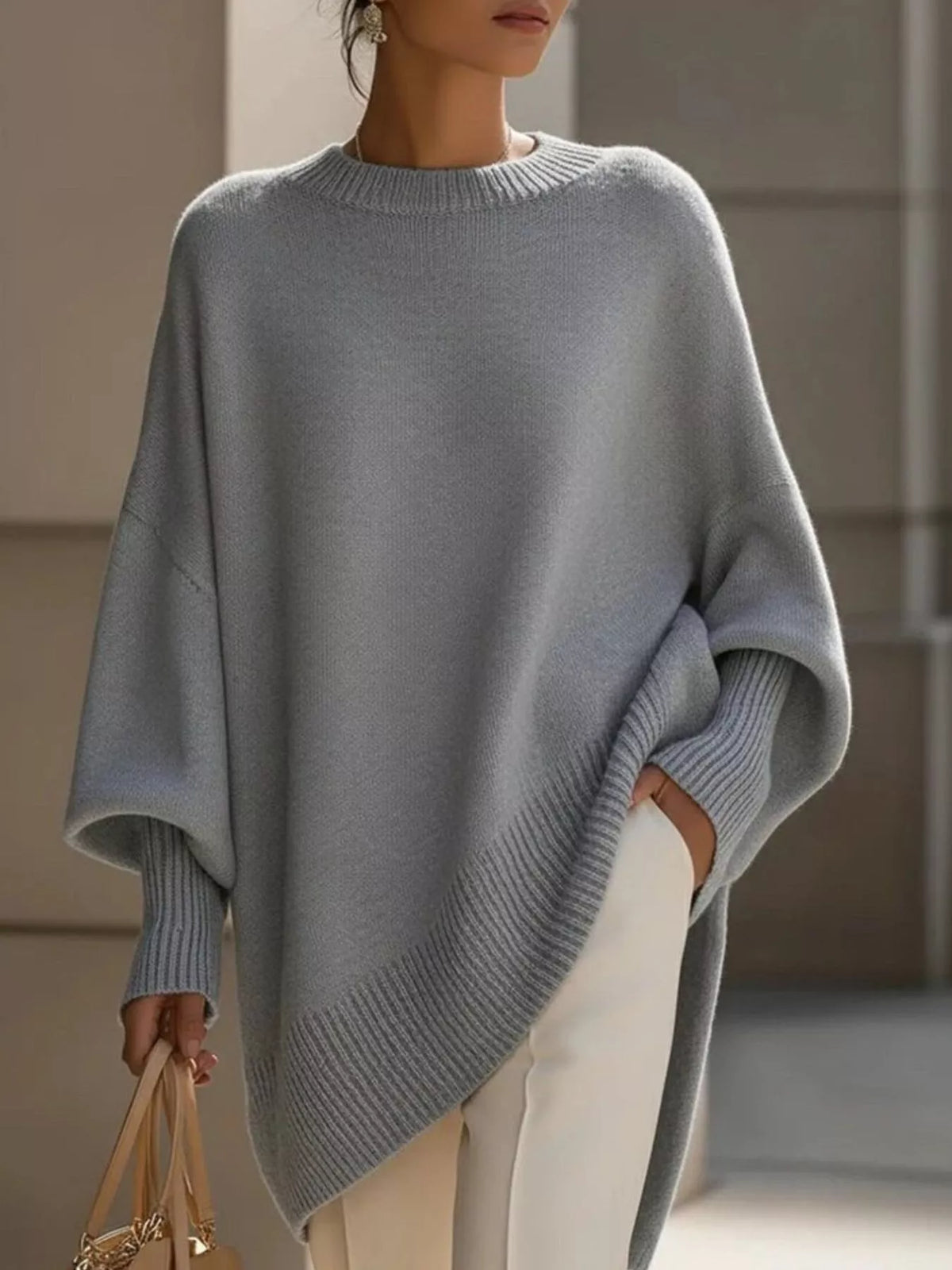 Pull oversize pour femme, col rond, poignets côtelés