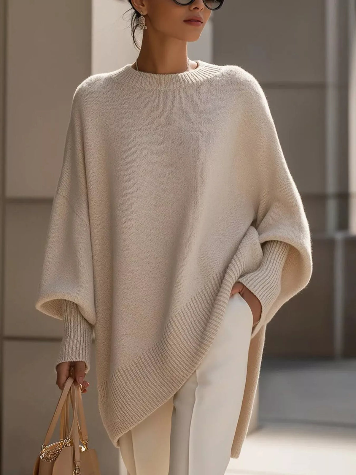 Pull oversize pour femme, col rond, poignets côtelés