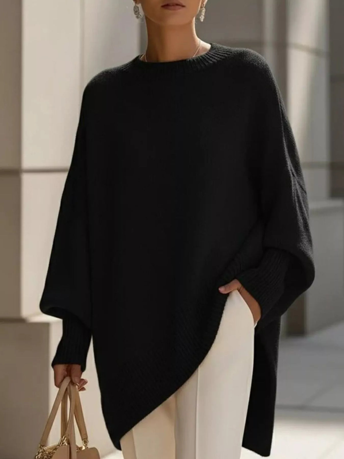 Pull oversize pour femme, col rond, poignets côtelés
