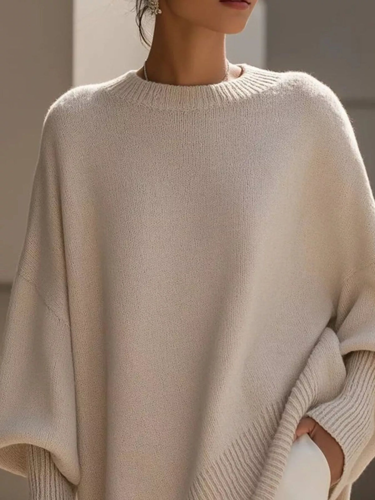 Pull oversize pour femme, col rond, poignets côtelés