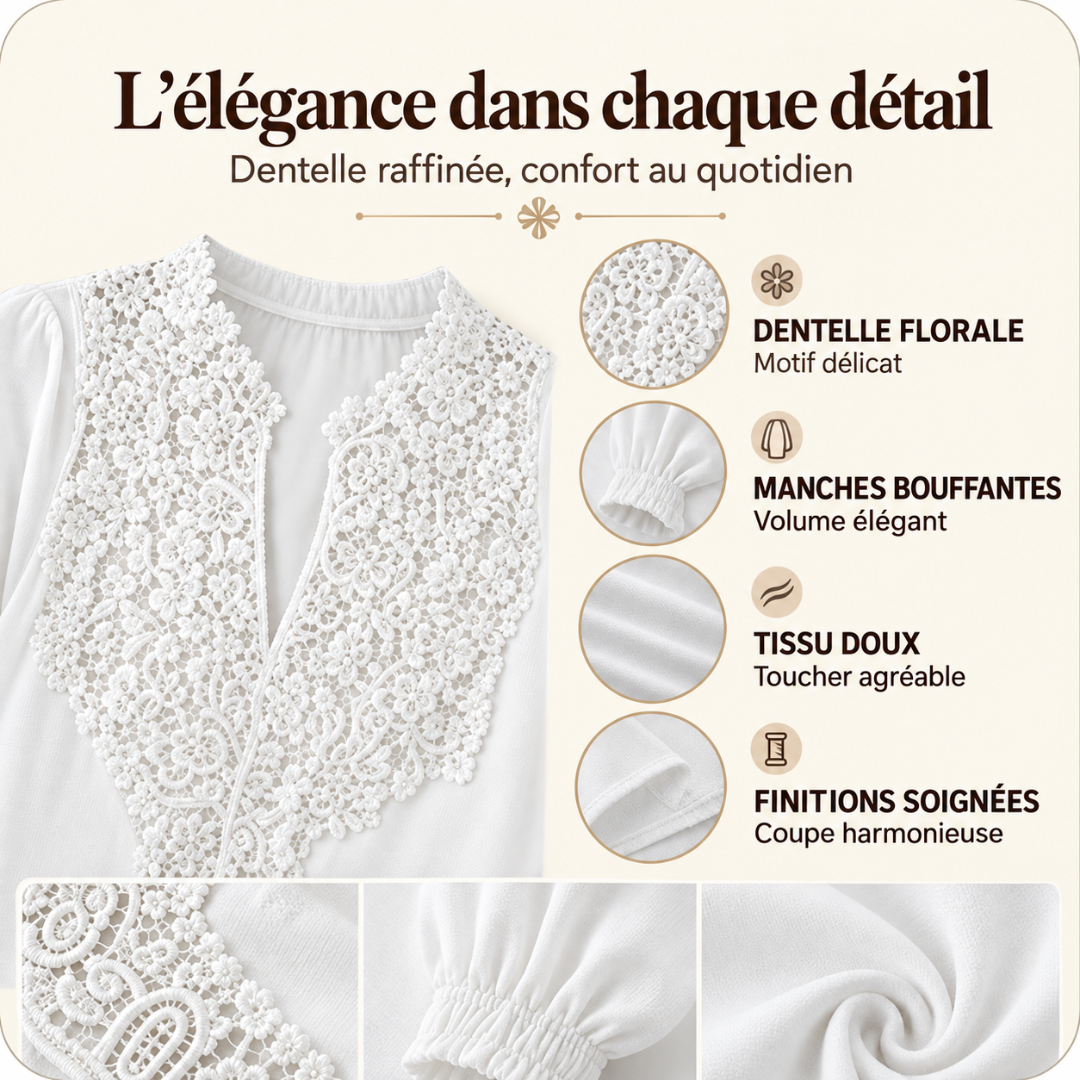 Élise | Blouse à col en V et détails en dentelle