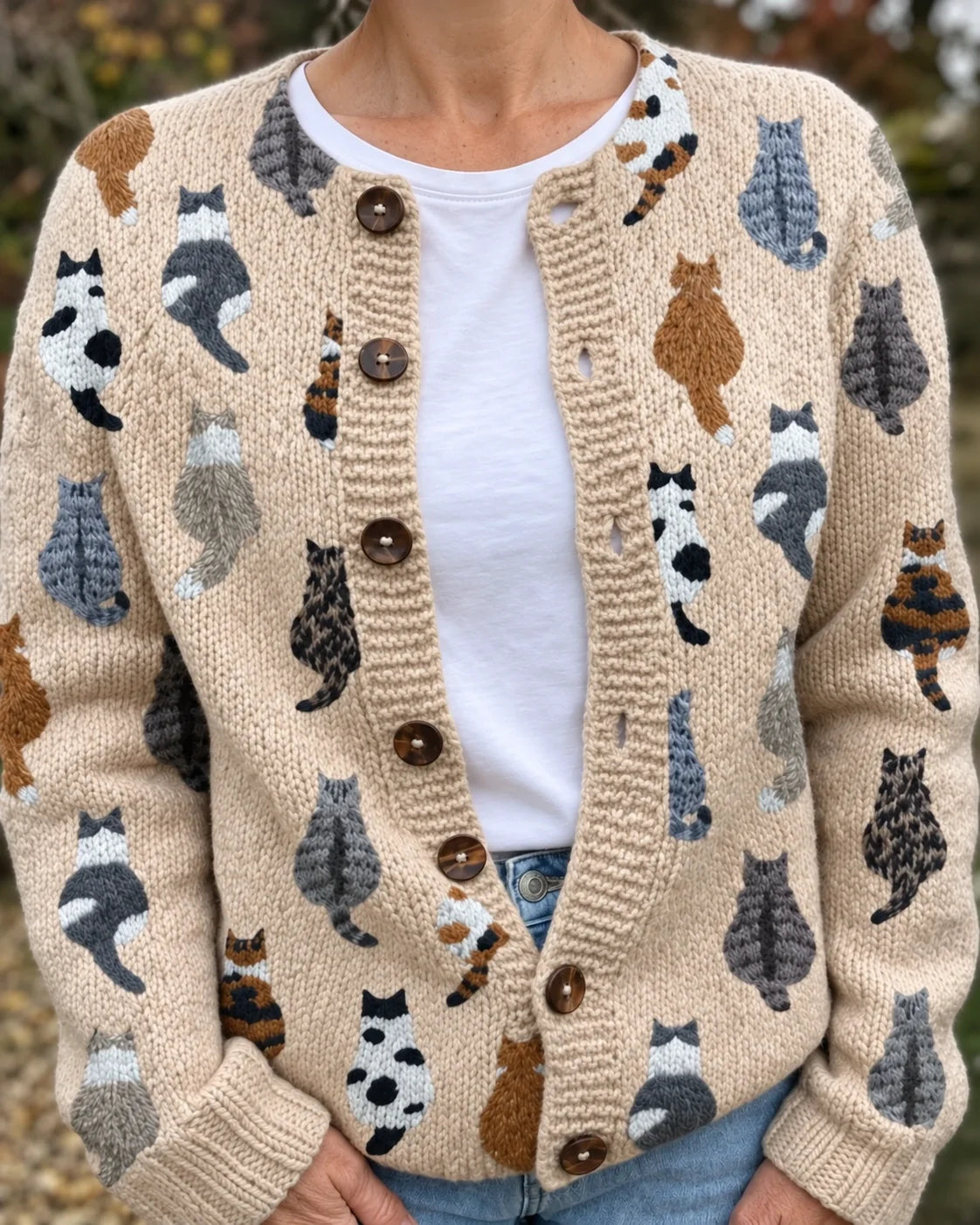 Charlotte | Cardigan en tricot doux à boutons avec imprimé chat