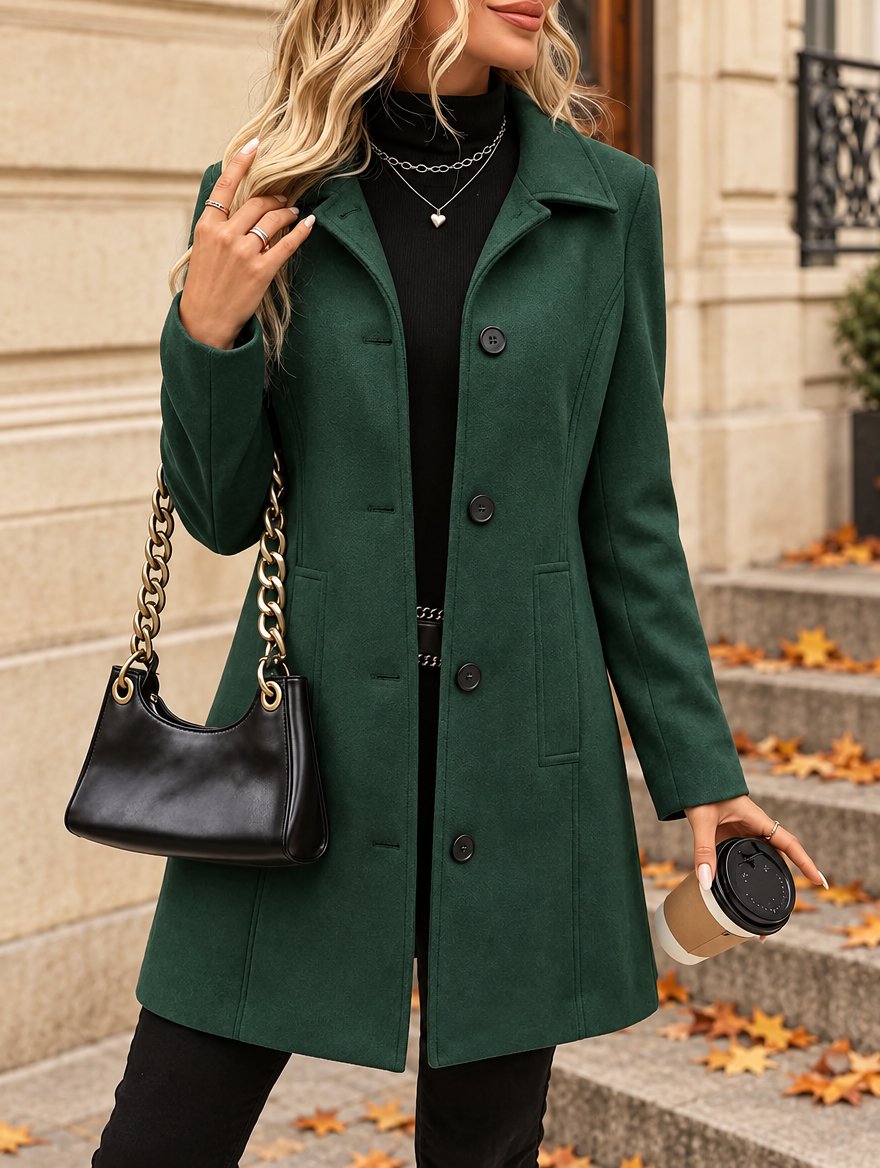 Manteau Eline vert foncé à col montant, automne à Paris