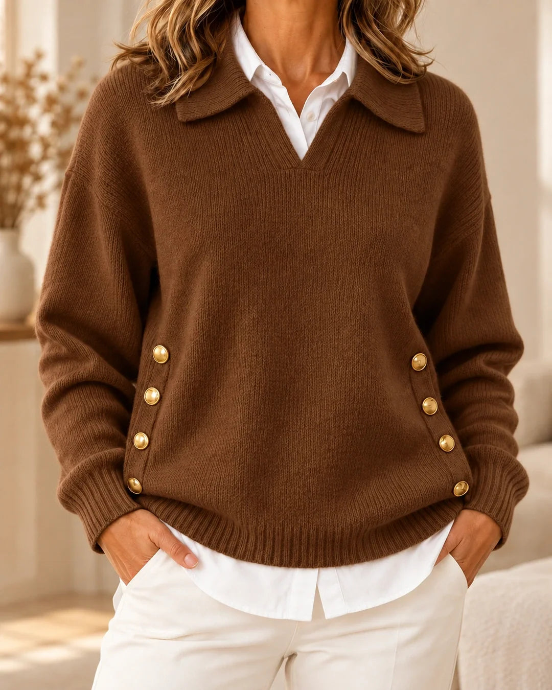 Pull Delphine à col polo et boutons dorés