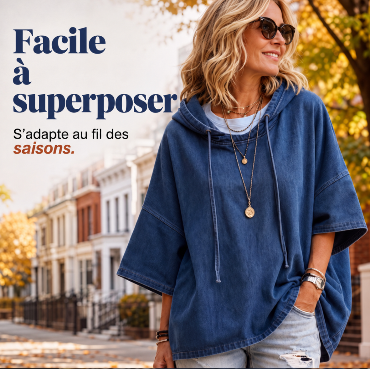 Sweat à capuche décontracté pour femme, en denim, à la coupe ample