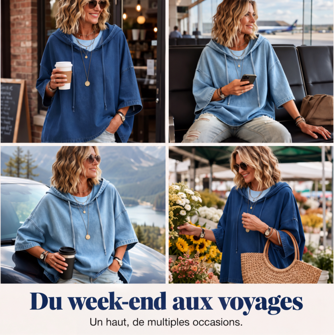 Sweat à capuche décontracté pour femme, en denim, à la coupe ample
