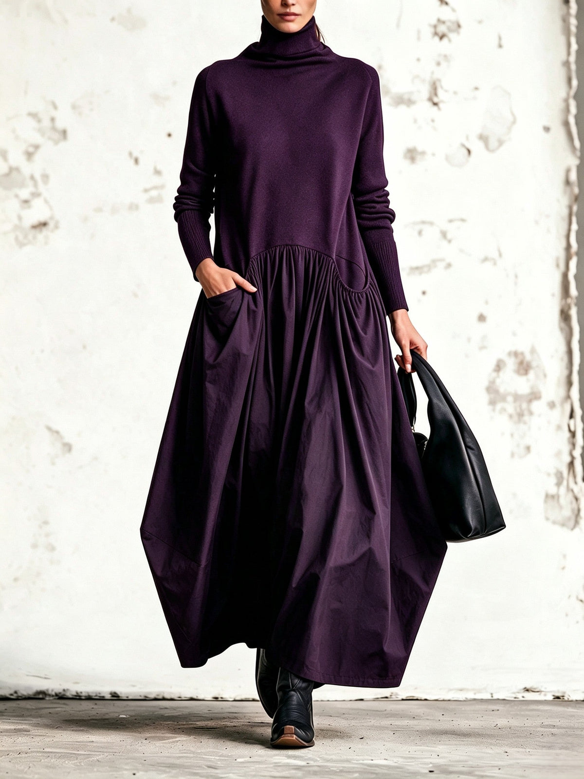 Mireille | Robe longue oversize noire à col montant