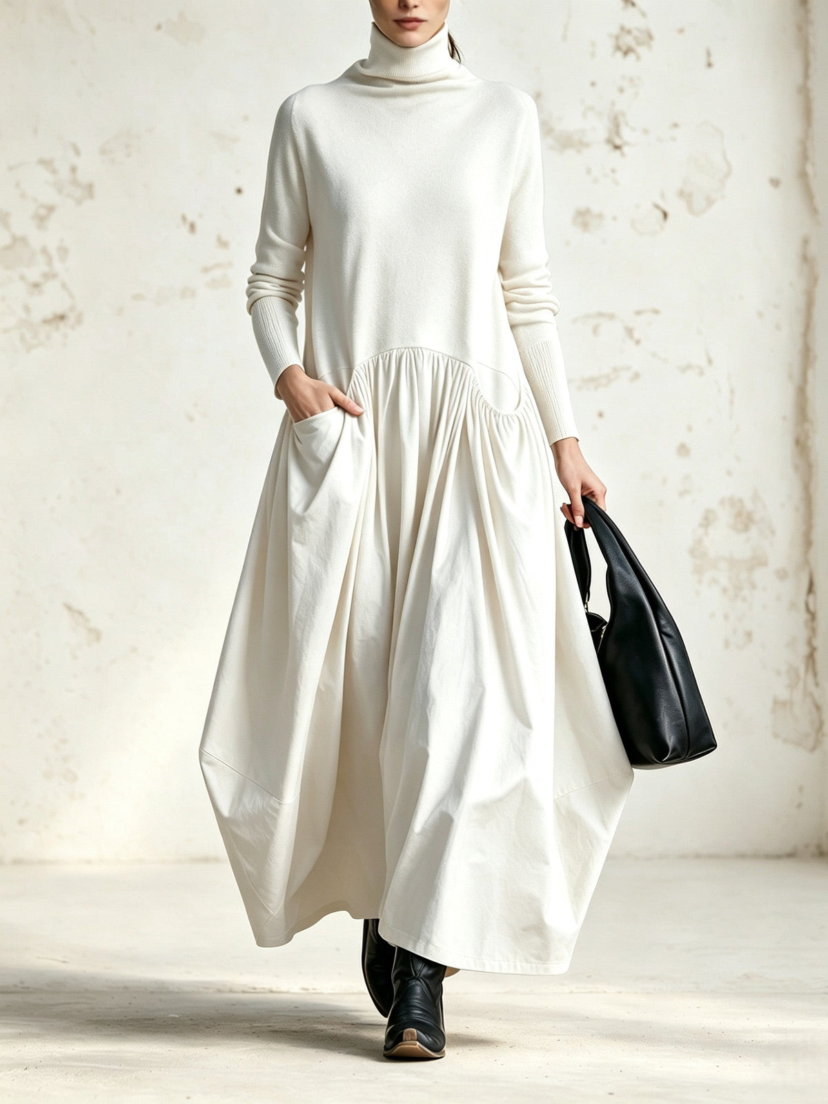 Mireille | Robe longue oversize noire à col montant