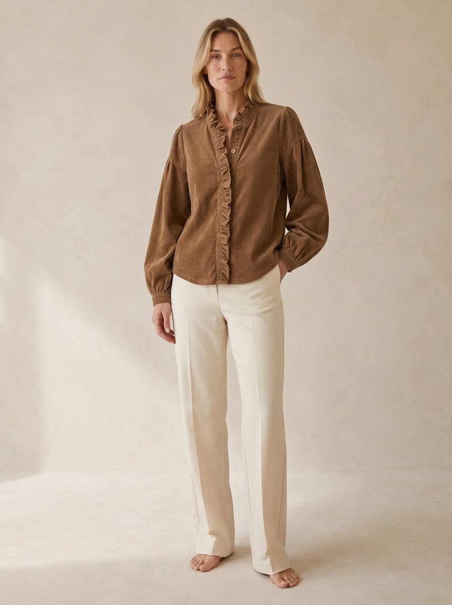 Blouse Odile à col volanté marron