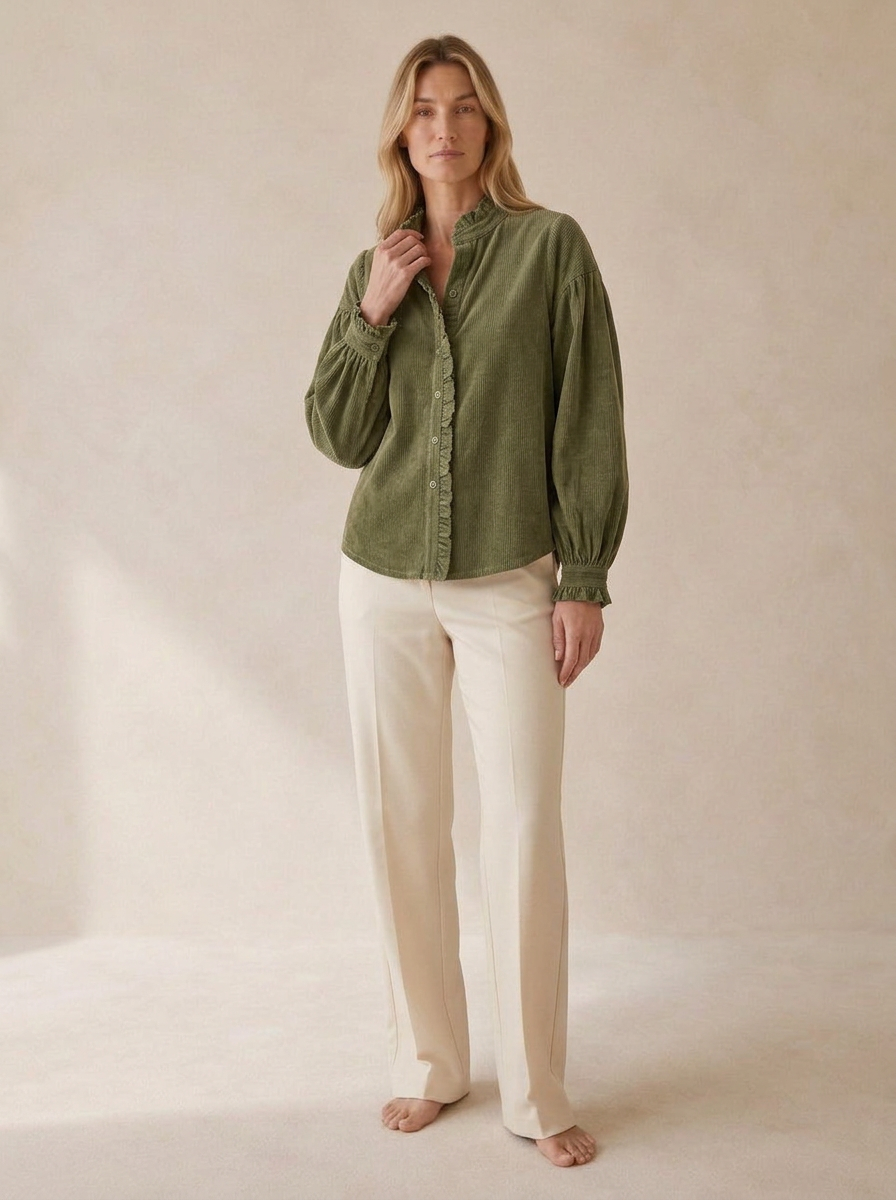 Blouse Odile à col volanté vert olive