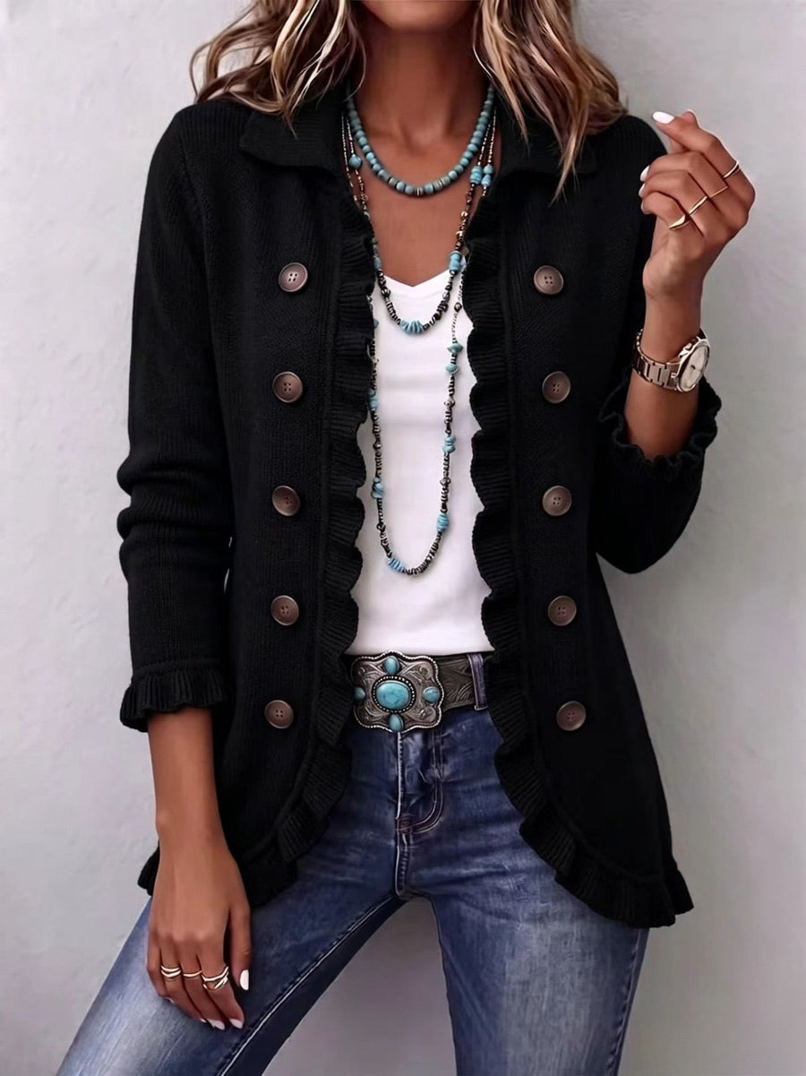 Judith | Veste Côtelée Noir Intense à Volants