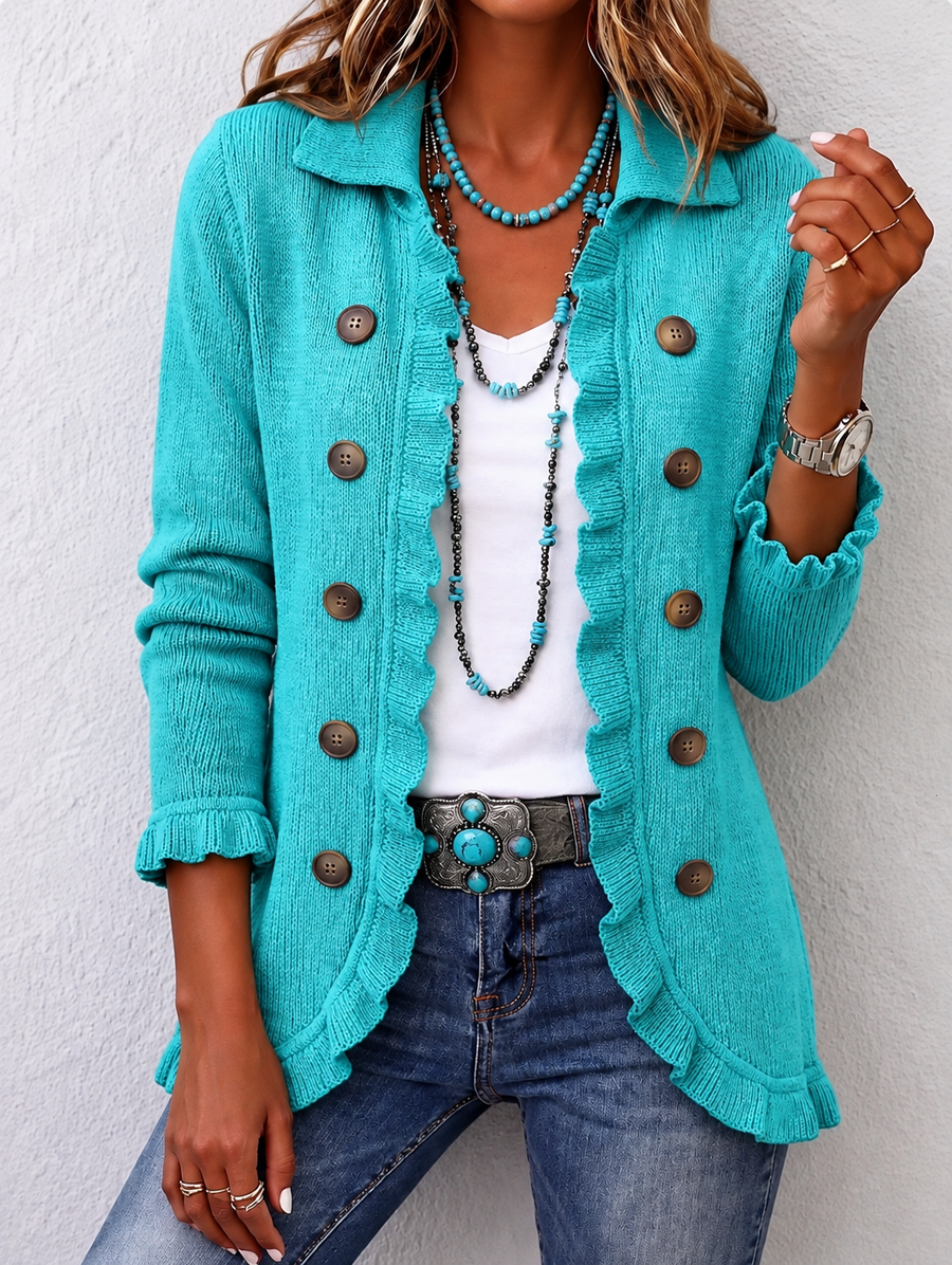 Suzanne | Veste Côtelée Turquoise à Volants