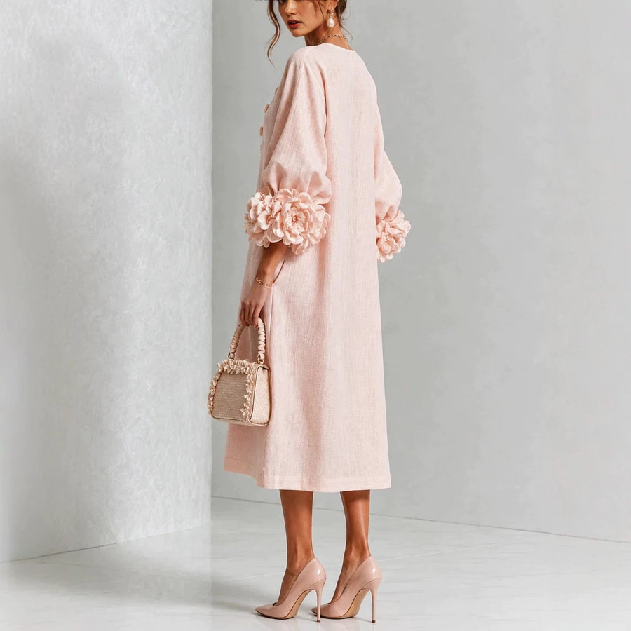 IVY | Robe midi à motifs floraux avec manches à revers en forme de rose