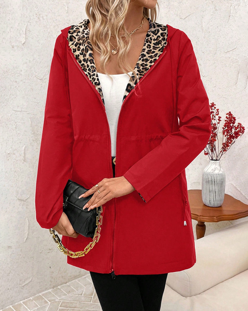 Veste réversible à capuche pour femme, imprimé léopard