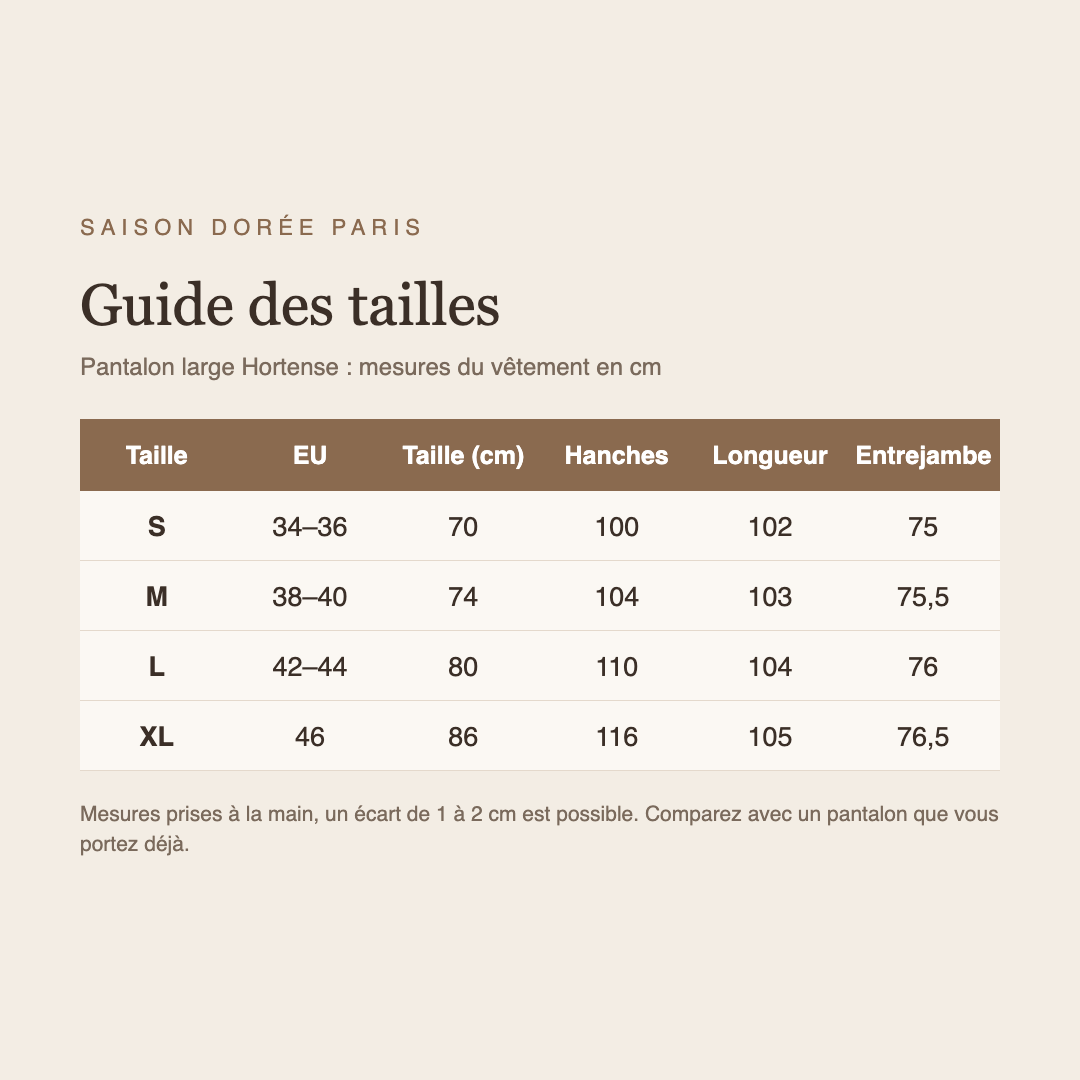 Guide des tailles pantalon large Hortense