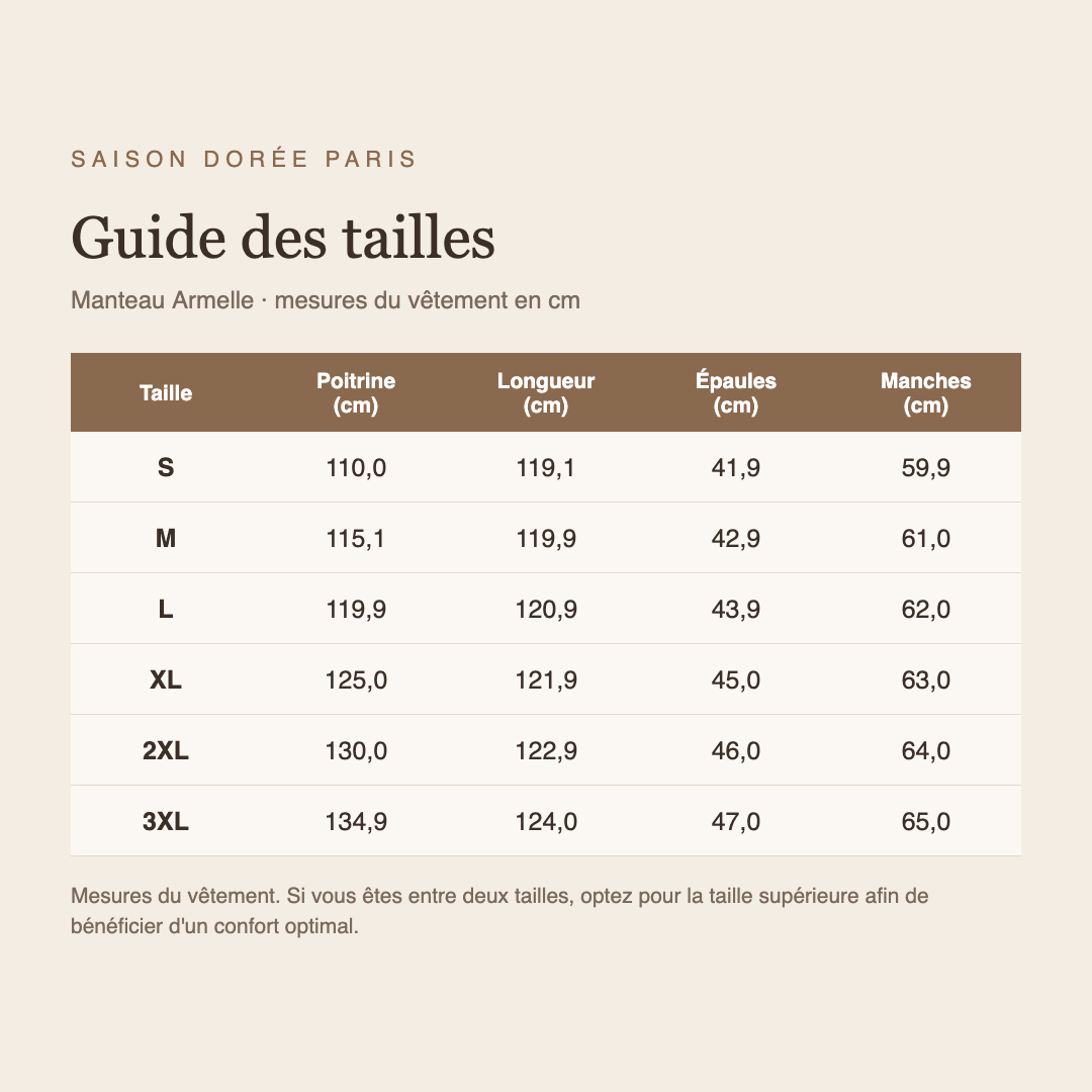 Guide des tailles manteau Armelle