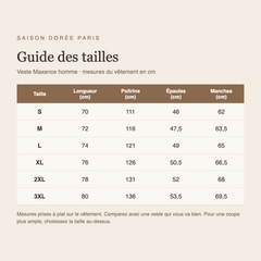 Guide des tailles veste Maxence homme