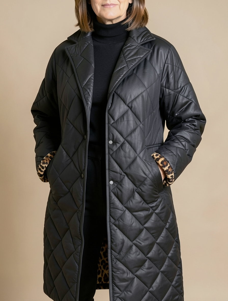 Manteau matelassé noir à doublure léopard