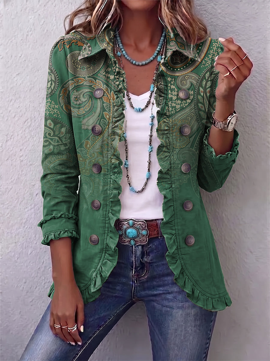 Clotilde | Veste Bohème Paisley Verte à Volants
