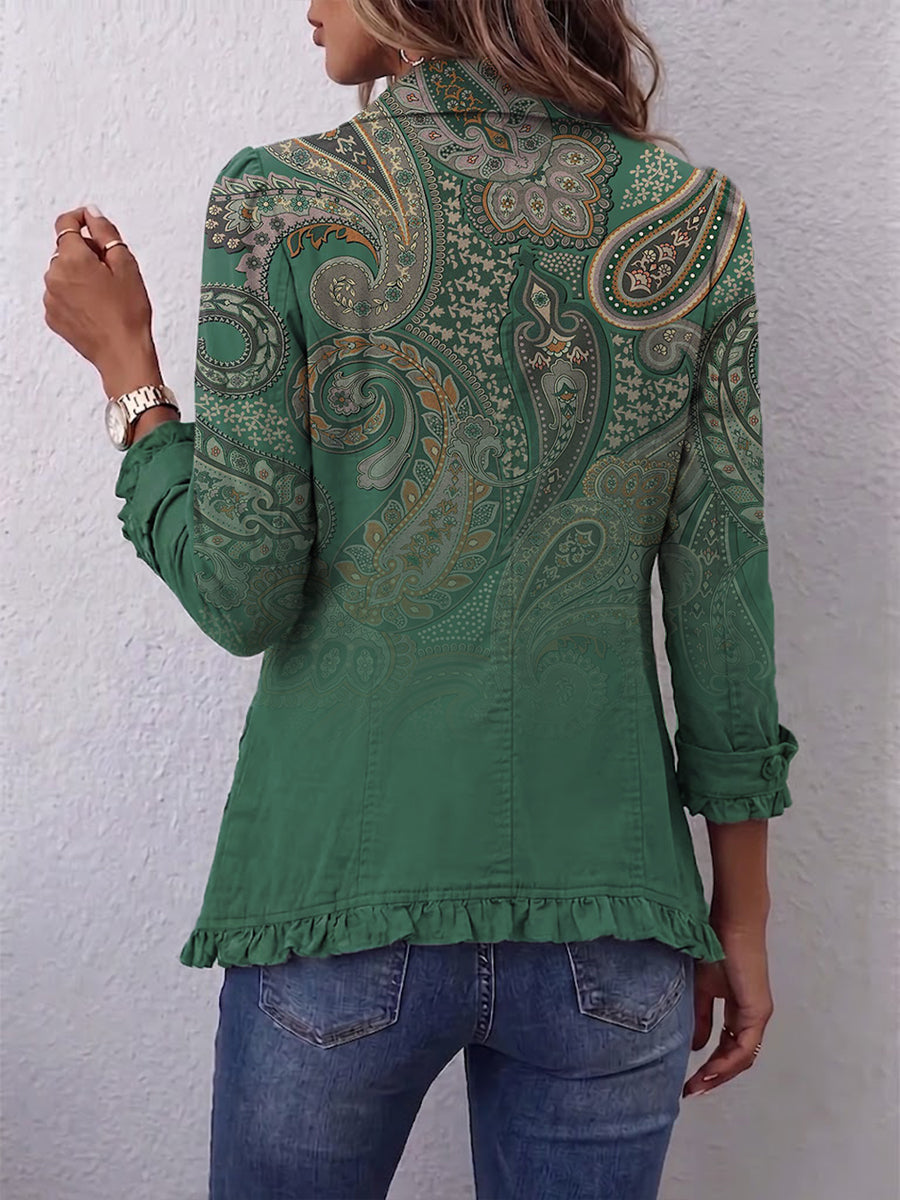 Clotilde | Veste Bohème Paisley Verte à Volants