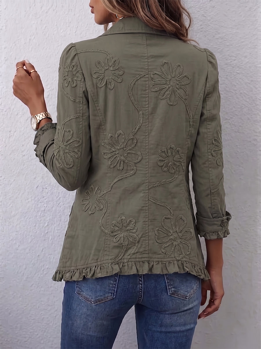 Ondine | Veste Bohème Chic Brodée de Fleurs Vert Rétro à Volants