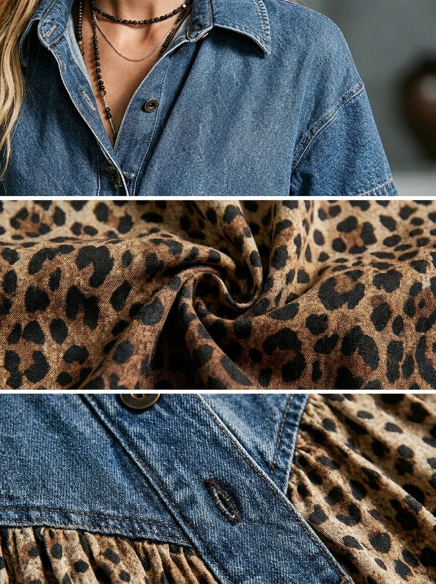 Blandine | Robe midi denim et léopard