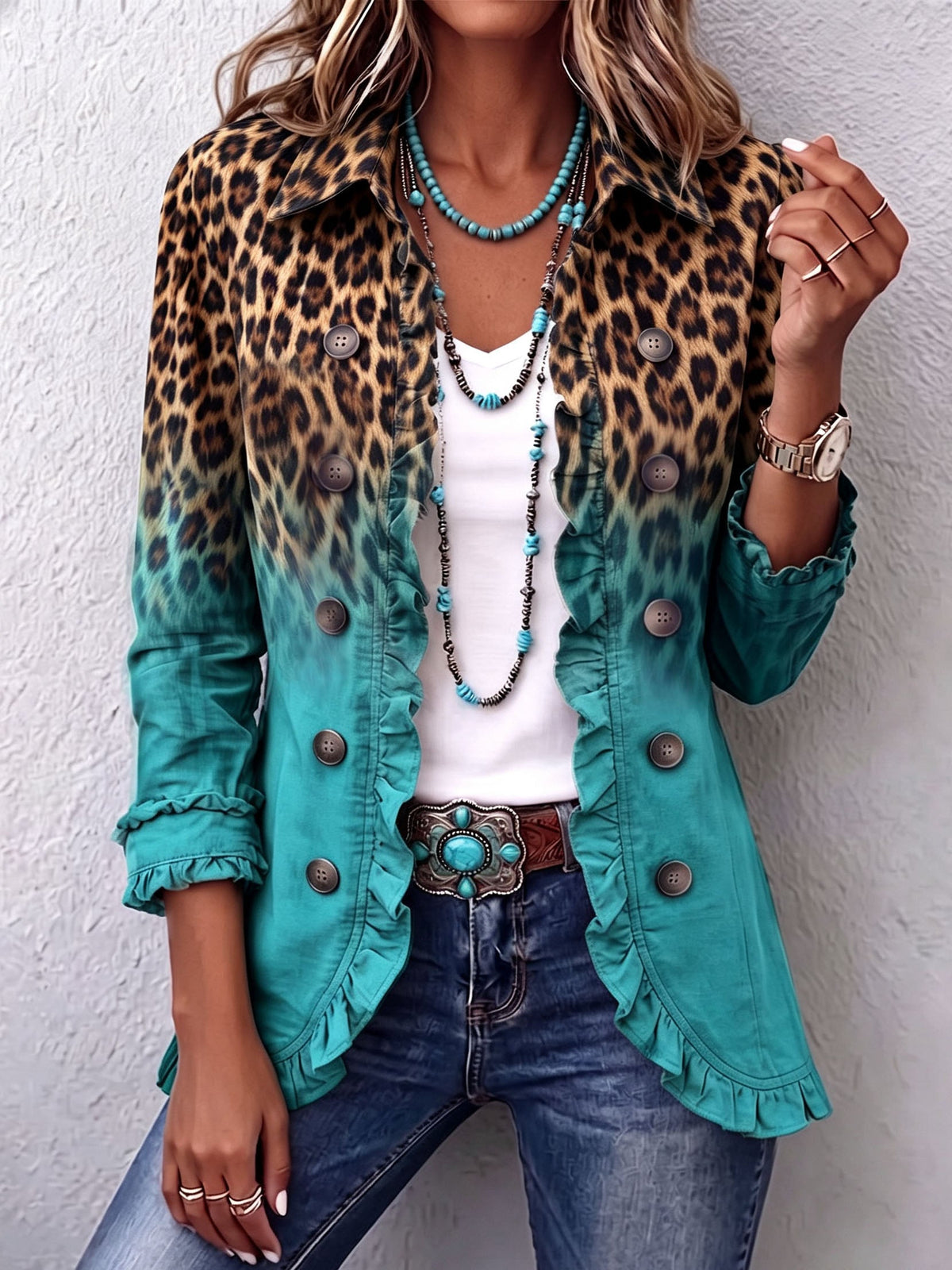 Justine | Blazer Léopard Dégradé Turquoise