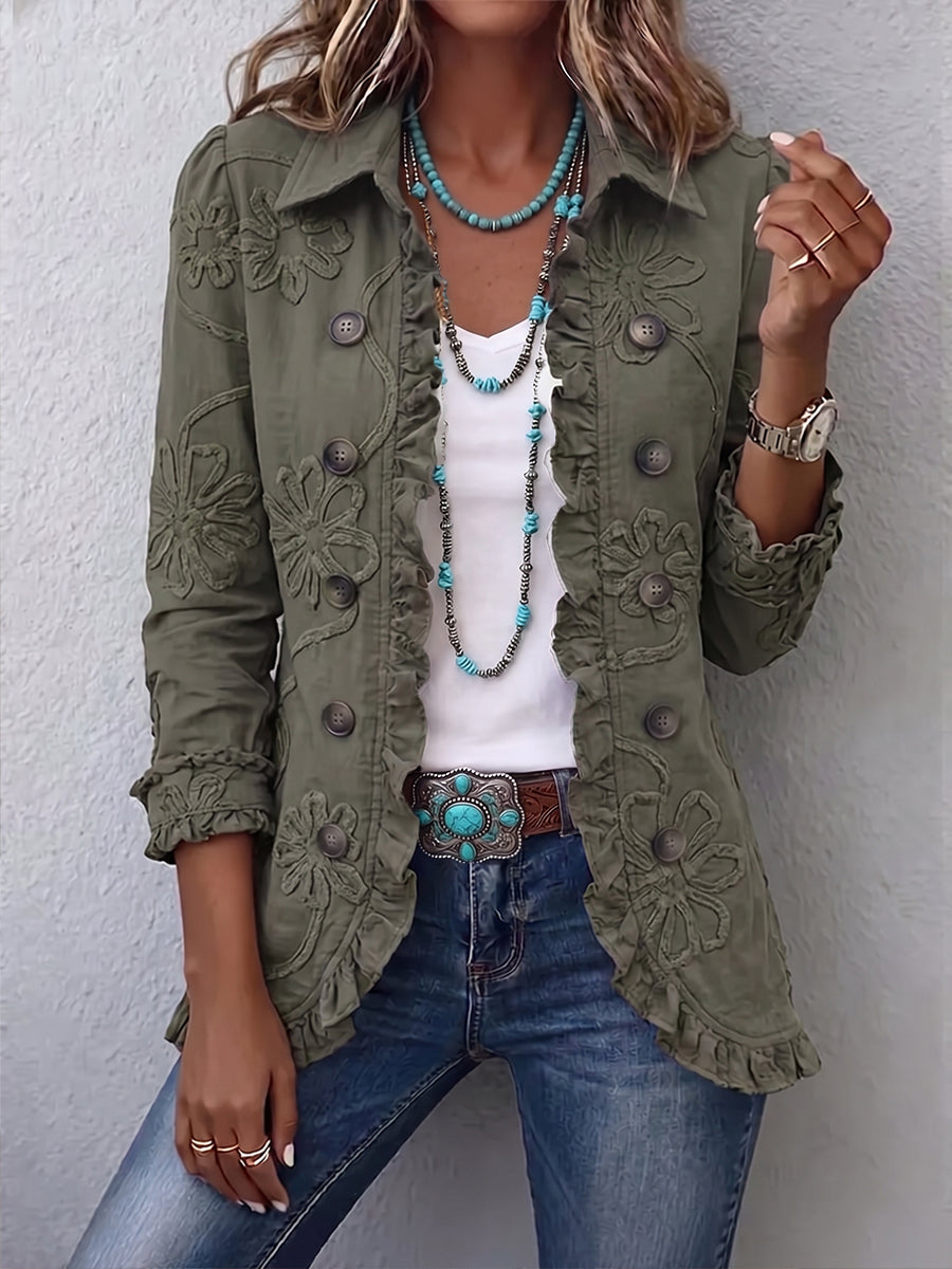 Ondine | Veste Bohème Chic Brodée de Fleurs Vert Rétro à Volants