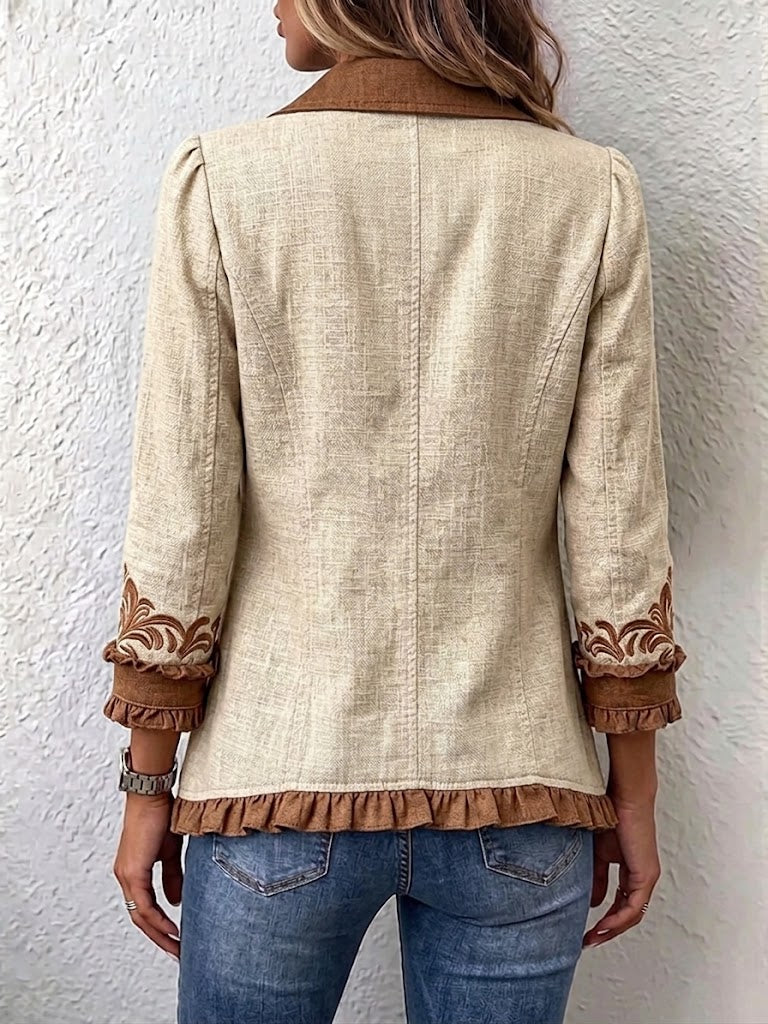 Octavie | Veste Bohème Fleurie Vintage Camel et Marron à Volants