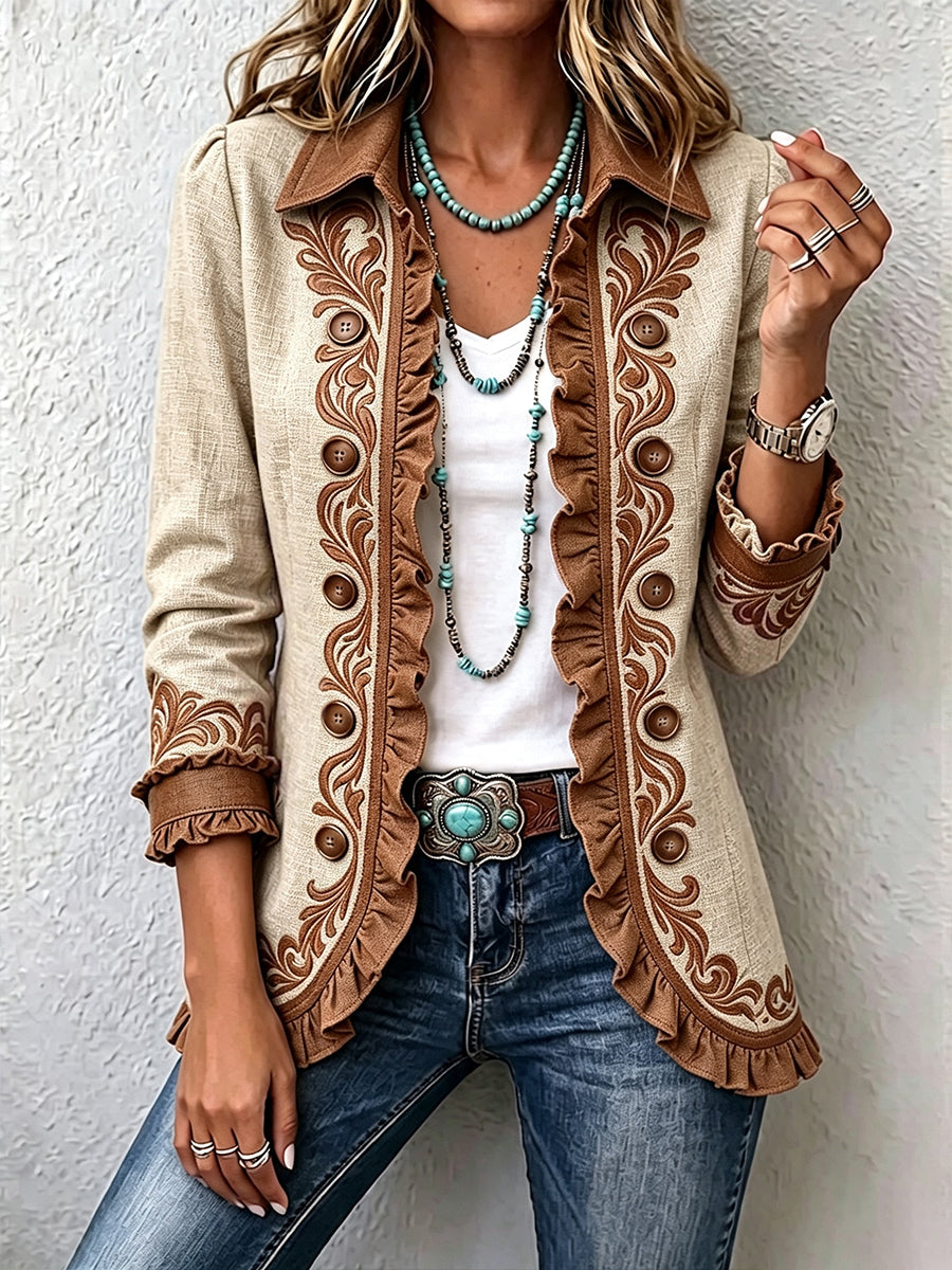 Octavie | Veste Bohème Fleurie Vintage Camel et Marron à Volants