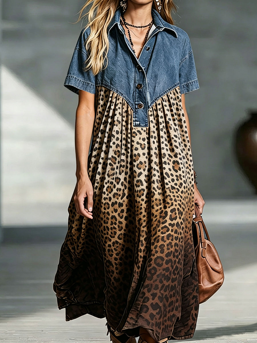 Blandine | Robe midi denim et léopard