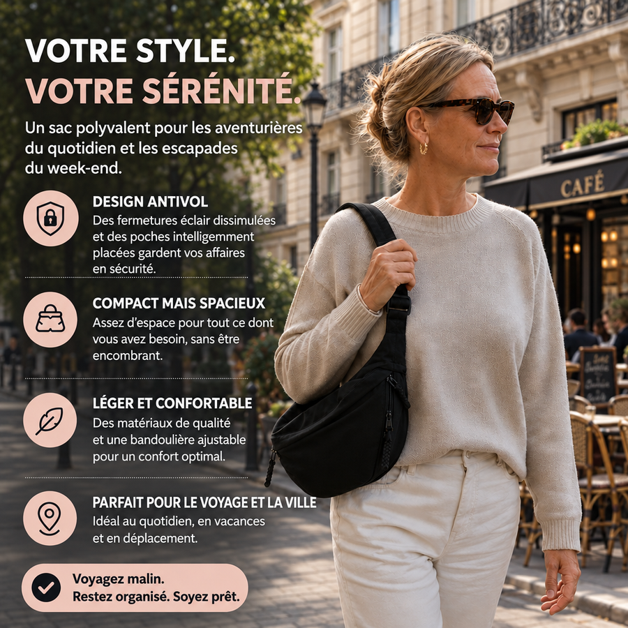 Sac bandoulière demi-lune Mirelle porté dans une rue de Paris